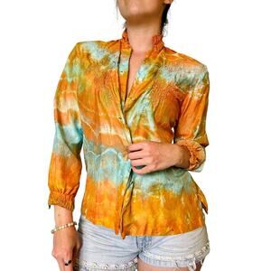 Vintage Shibori Hand Dyed Silk Blouse Teal Orange Embroidered Boho Top Button Up